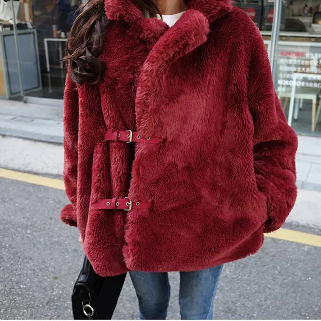 Winter Korean Female Fur Coat Short Soft Rabbit Fur Jacket Long Sleeved Shaggy Thicken Warm Women Fashion Outwear Wine Red - Shop at LoveMi