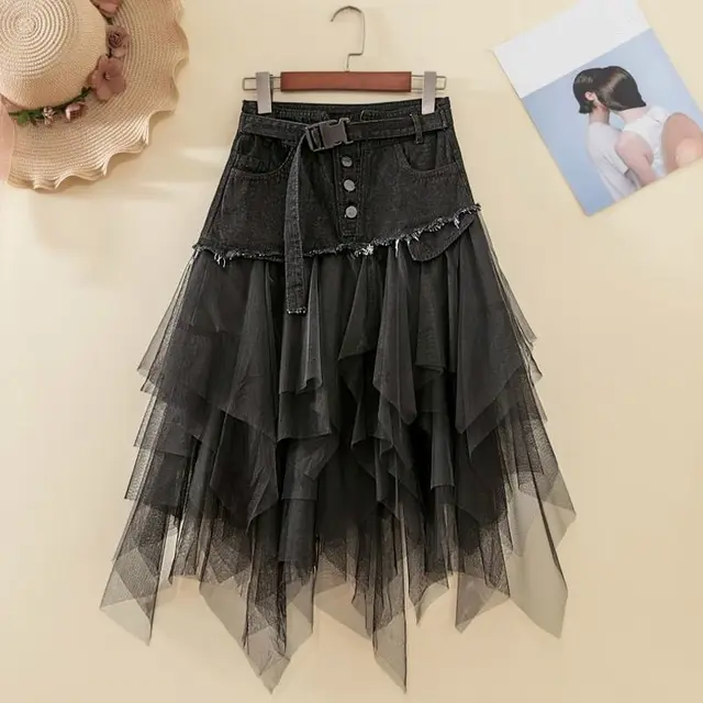 Fashion mesh stitching high waist washed denim skirt Black - Shop at LoveMi