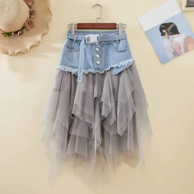 Fashion mesh stitching high waist washed denim skirt Light Blue - Shop at LoveMi