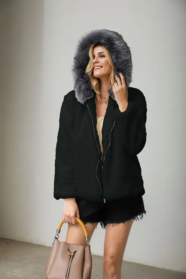 Faux fur plush loose coat Black - Shop at LoveMi