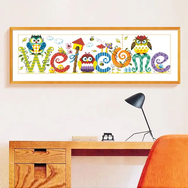 DIY Cute Owl Letter"Welcome" Diamond Embroidery Painting Cartoon Birds Mosaic Full Round Diamond Painting Cross Stitch Diamond 111X25 - Shop at LoveMi