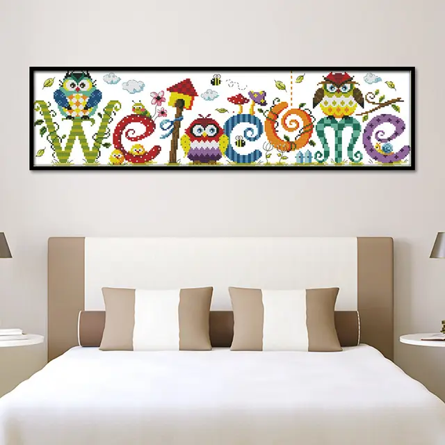 DIY Cute Owl Letter"Welcome" Diamond Embroidery Painting Cartoon Birds Mosaic Full Round Diamond Painting Cross Stitch Diamond A 11Ct3 Shares - Shop at LoveMi