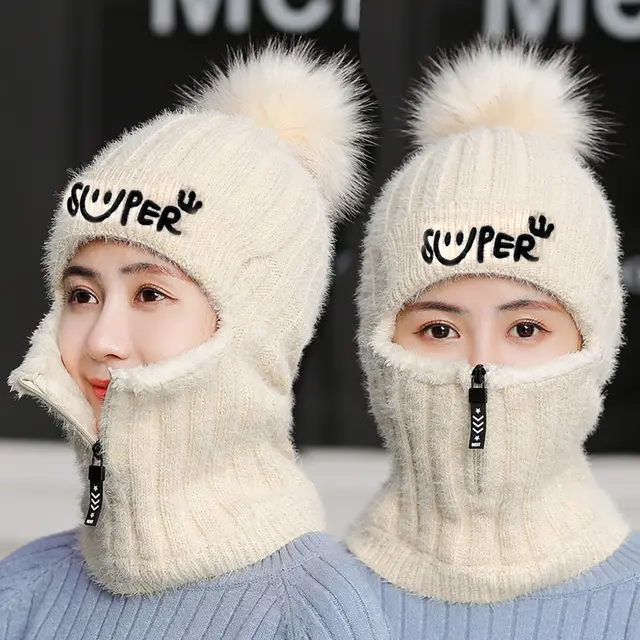Winter knitted ear protection hat Beige - Shop at LoveMi