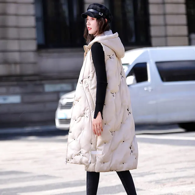 Hooded mid length cotton vest Beige - Shop at LoveMi