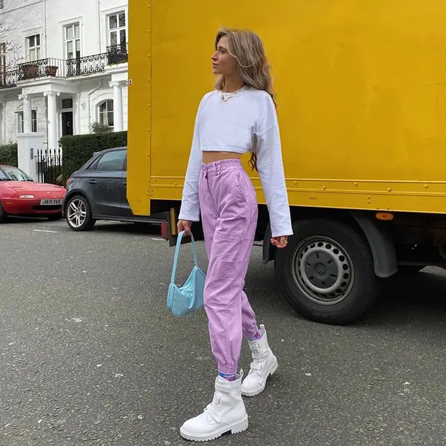 Purple big pocket street slim casual pants Purple - Shop at LoveMi