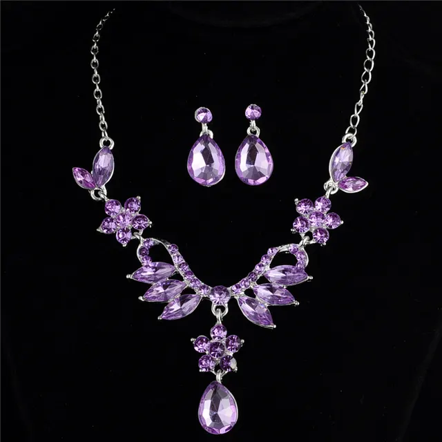 Foreign trade explosion bride alloy diamond necklace earrings set wedding jewelry and jewelry accessories Purple - Shop at LoveMi