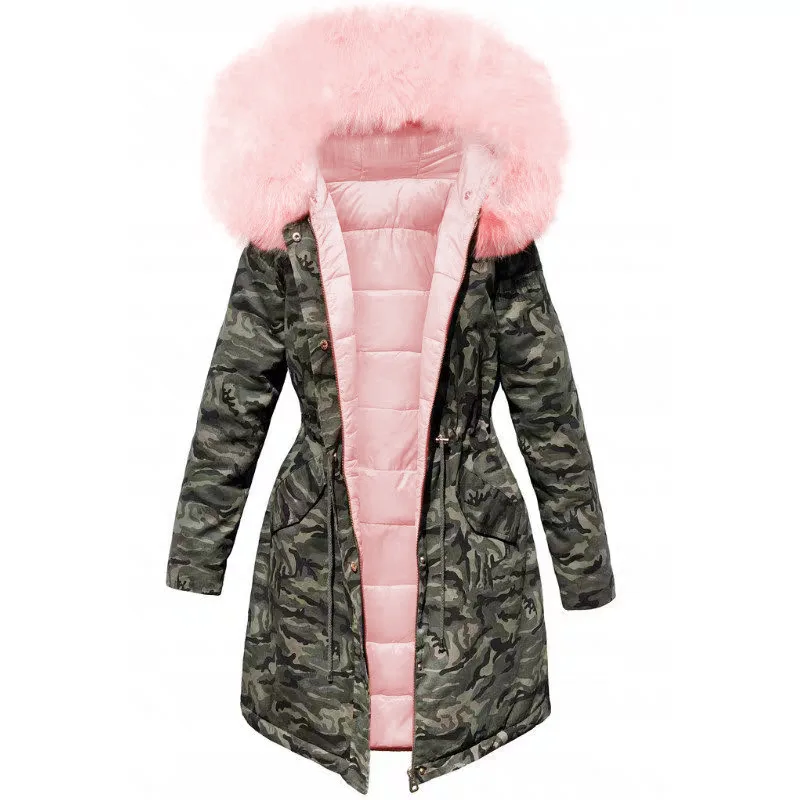 Plush Thick Coat Loose Big Fur Collar Mid-length Camouflage Cotton - Pink
