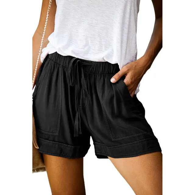 Wide leg loose high waist elastic lace up shorts Black - Shop at LoveMi