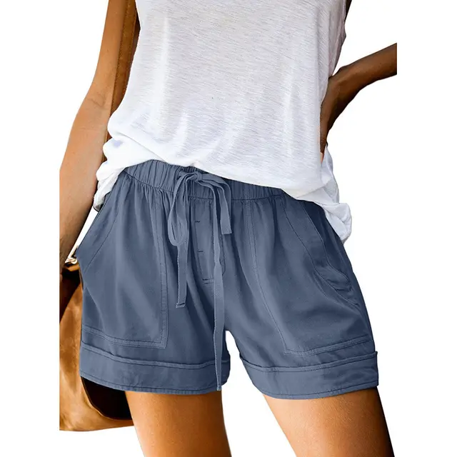 Wide leg loose high waist elastic lace up shorts Blue - Shop at LoveMi