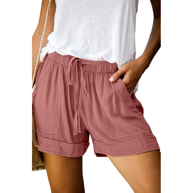 Wide leg loose high waist elastic lace up shorts Pink - Shop at LoveMi
