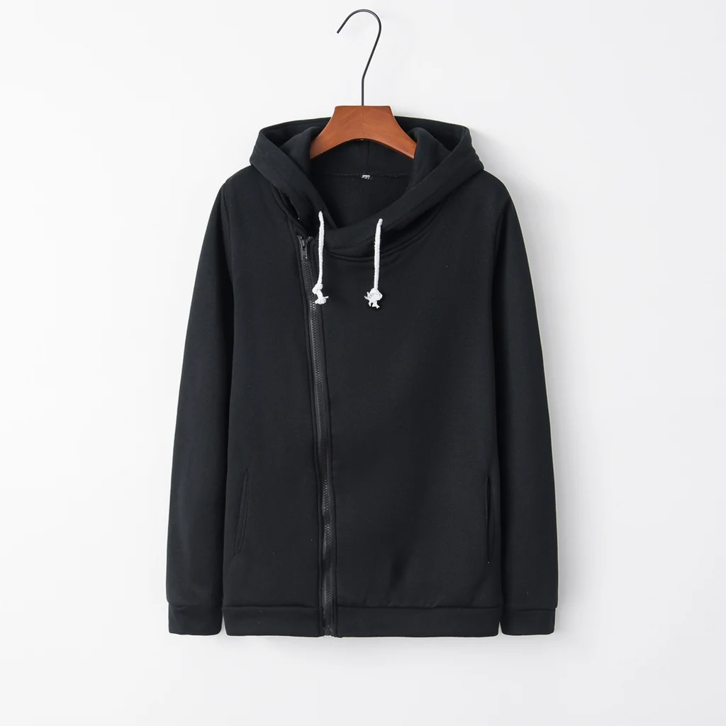 Long-sleeved lapel pocket diagonal zipper sweatshirt - Black