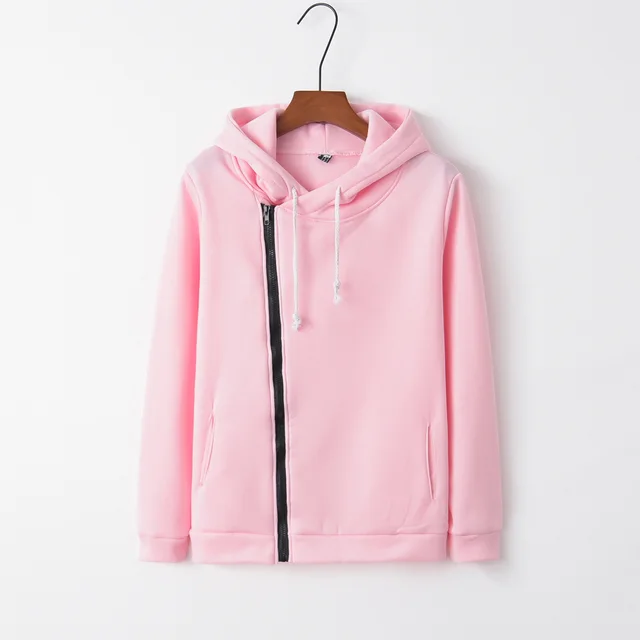 Long sleeved lapel pocket diagonal zipper sweatshirt Pink - Shop at LoveMi