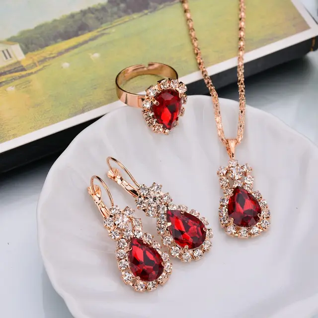 Europe And The United States Personalized Water Drop Color Diamond Necklace, Earrings, Rings Set, Shiny High end Bridal Jewelry Red - Shop at LoveMi