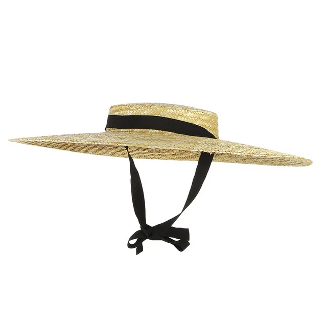 Flat top big brim straw hat Blackblack Strap - Shop at LoveMi