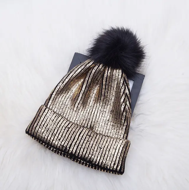 Autumn and winter new hat color hair ball knit hat men and women warm gold silver shiny wool hat Golden - Shop at LoveMi