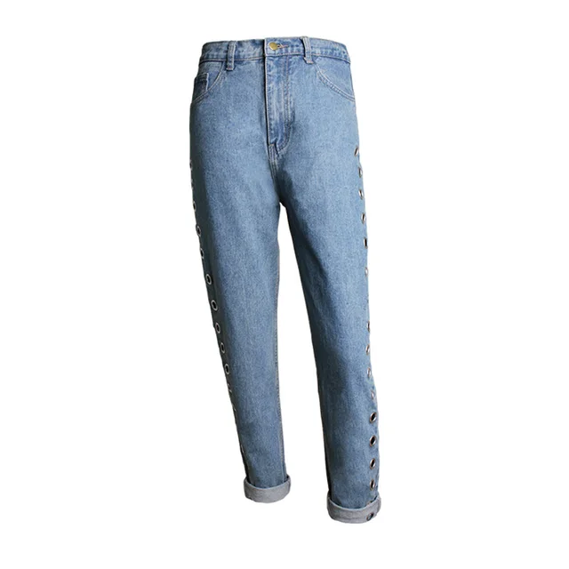 Women's Street New Europe and America BF Wind High Waist Loose Pants Rivets Cutout Metallic Eyes Jeans Blue - Shop at LoveMi