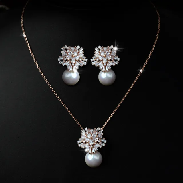 Korean temperament luxury high grade pearl necklace earrings set with zircon jewelry micro all match fashion bride Gold - Shop at LoveMi