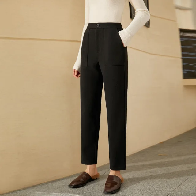 Fashion high waist slim woolen casual pants Black - Shop at LoveMi