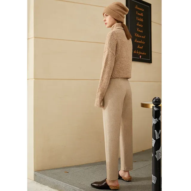 Fashion high waist slim woolen casual pants Flower Apricot - Shop at LoveMi