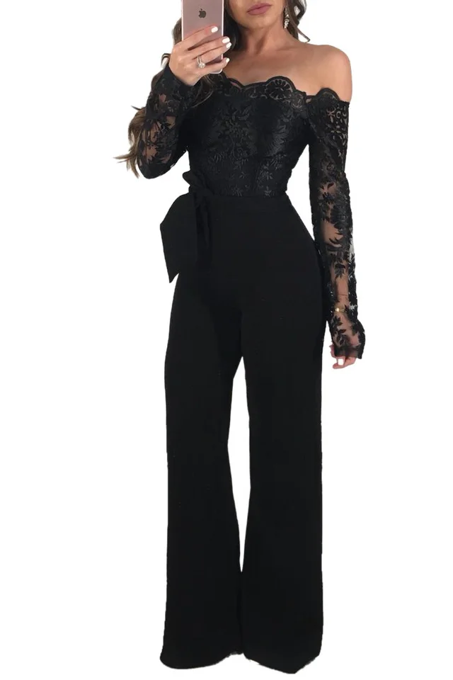 Lace neck wide leg jumpsuit Black - Shop at LoveMi