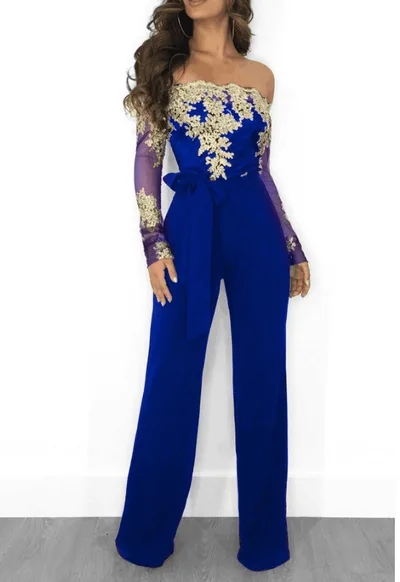 Lace neck wide leg jumpsuit Blue Gold - Shop at LoveMi