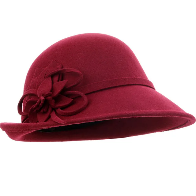 Autumn and winter new women's woolen hat elegant Korean small hat all wool shaped felt hat warm fashion hat Rose Red - Shop at LoveMi