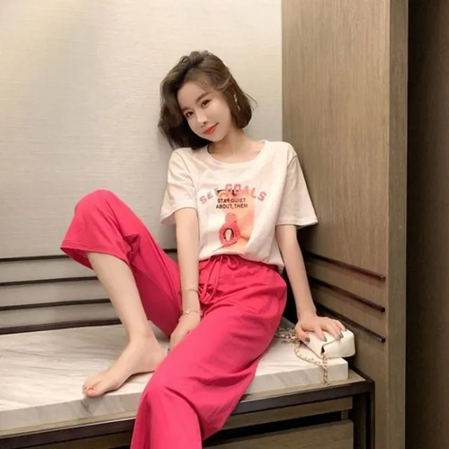 Short Sleeved Printed T Shirt Casual Suit Pants Are Very Fairy Two Piece Set Red - Shop at LoveMi