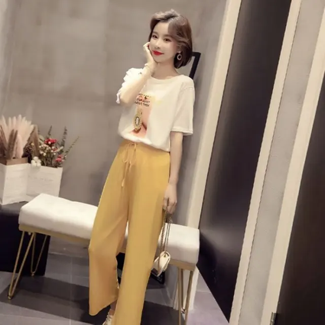 Short Sleeved Printed T Shirt Casual Suit Pants Are Very Fairy Two Piece Set Yellow - Shop at LoveMi