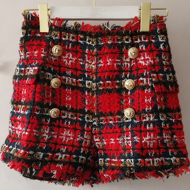 Buttoned Red And Black Blaid Tweed Shorts Red - Shop at LoveMi