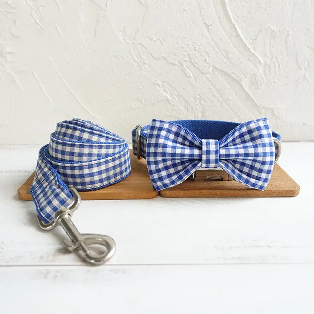Personalized Tie Tie Blue Delicious Plaid Adjustable Dog Collar Leash Set Blue - Shop at LoveMi