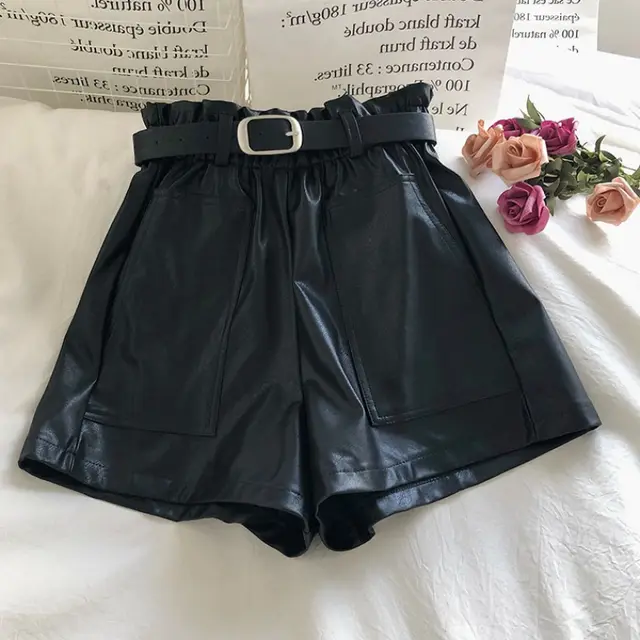 Double Pocket Solid Color A Line PU Leather Pants With Belt Black - Shop at LoveMi