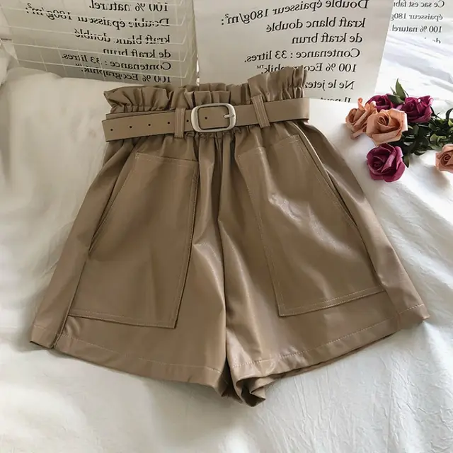 Double Pocket Solid Color A Line PU Leather Pants With Belt Khaki - Shop at LoveMi