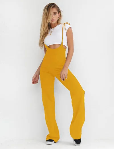 Lace up high waist pants overalls Yellow - Shop at LoveMi