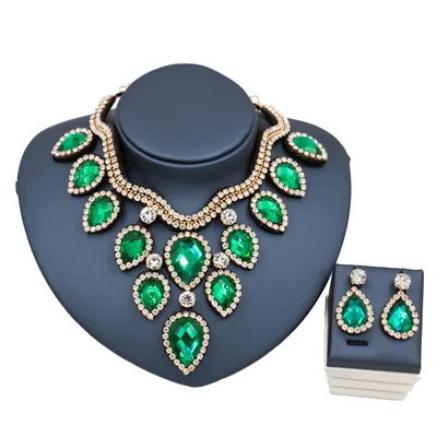 Fast Selling Explosion, Middle East, Europe And America, Colorful Exaggerated Bride Necklace, Earring Set, Cross Border Goods Supply Gold And Green - Shop at LoveMi