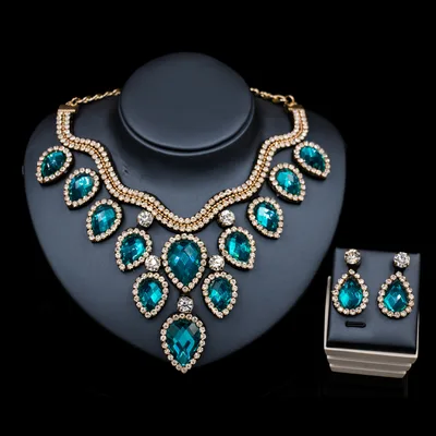 Fast Selling Explosion, Middle East, Europe And America, Colorful Exaggerated Bride Necklace, Earring Set, Cross Border Goods Supply Gold And Peacock Blue - Shop at LoveMi