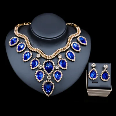 Fast Selling Explosion, Middle East, Europe And America, Colorful Exaggerated Bride Necklace, Earring Set, Cross Border Goods Supply Gold And Royal Blue - Shop at LoveMi