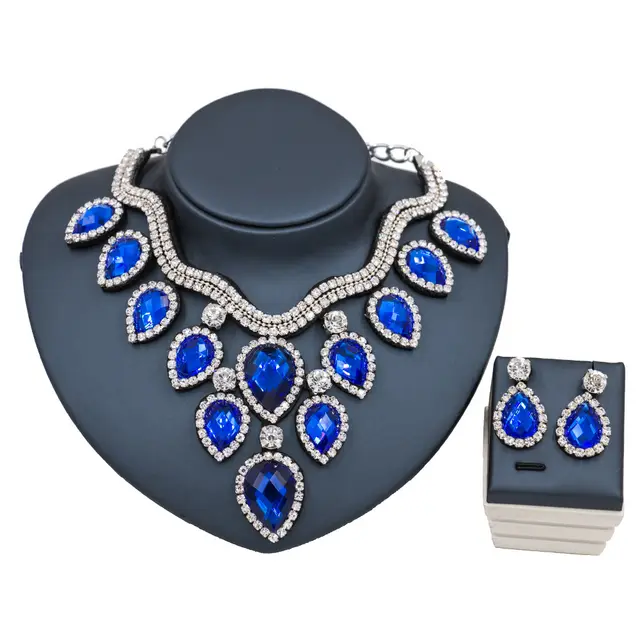 Fast Selling Explosion, Middle East, Europe And America, Colorful Exaggerated Bride Necklace, Earring Set, Cross Border Goods Supply Silver And R... Silver And Royal Blue - Shop at LoveMi