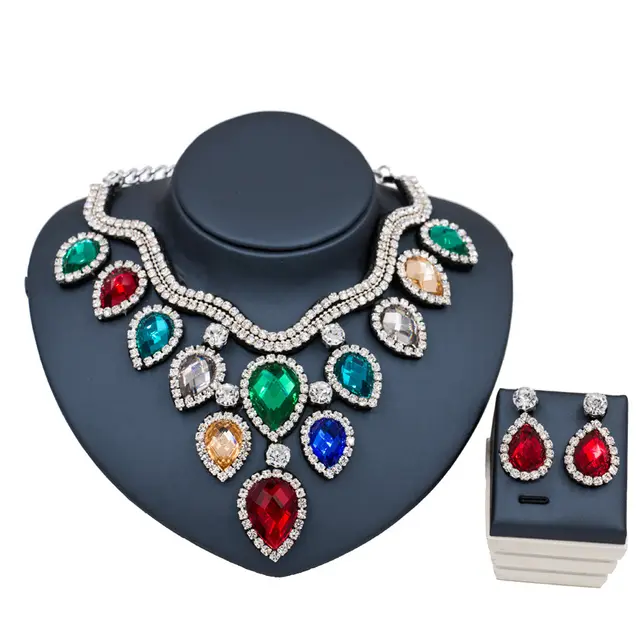 Fast Selling Explosion, Middle East, Europe And America, Colorful Exaggerated Bride Necklace, Earring Set, Cross Border Goods Supply Silver And - Shop at LoveMi