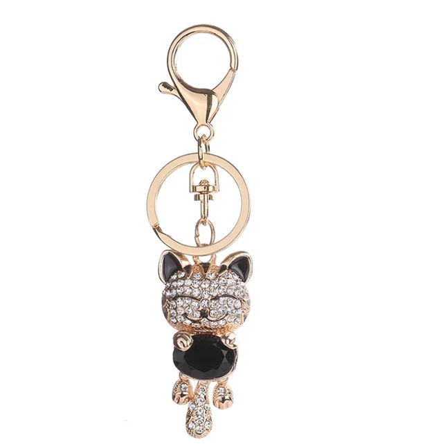 Fashion Enamel Lucky Cat Crystal Keychain Alloy Keyring For Women Party Gift Key chains Black - Shop at LoveMi