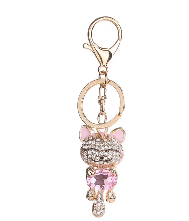 Fashion Enamel Lucky Cat Crystal Keychain Alloy Keyring For Women Party Gift Key chains Light Pink - Shop at LoveMi