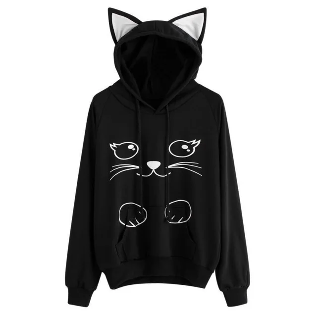 Loose cat print hoodie Black - Shop at LoveMi
