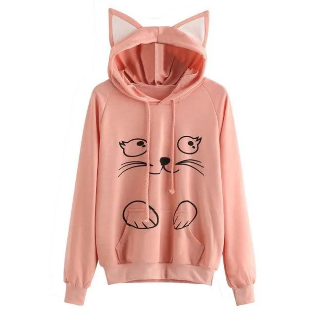 Loose cat print hoodie Pink - Shop at LoveMi