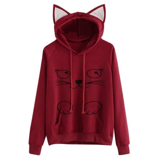 Loose cat print hoodie Red Wine - Shop at LoveMi