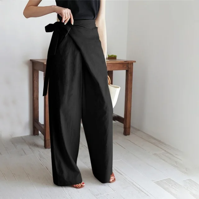 Lace up irregular wide leg pants Black - Shop at LoveMi