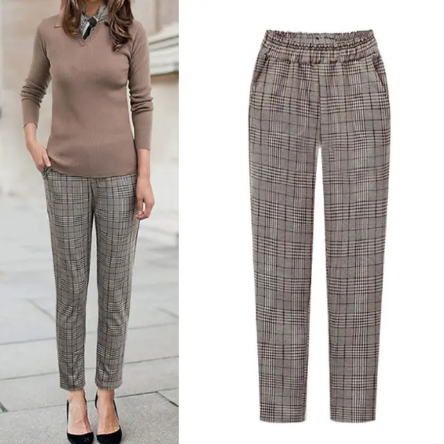 Lattice loose 9 points small feet casual pants women Khaki - Shop at LoveMi