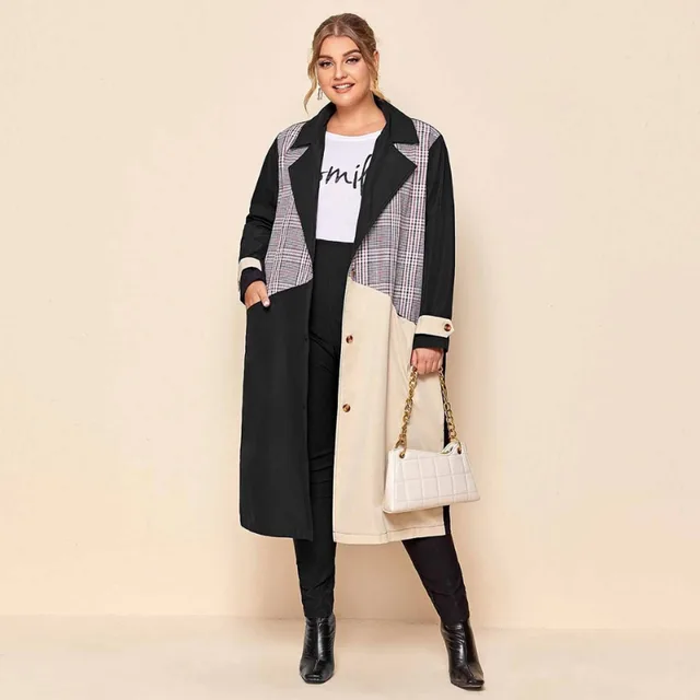 Stitching contrast color mid length coat Black - Shop at LoveMi