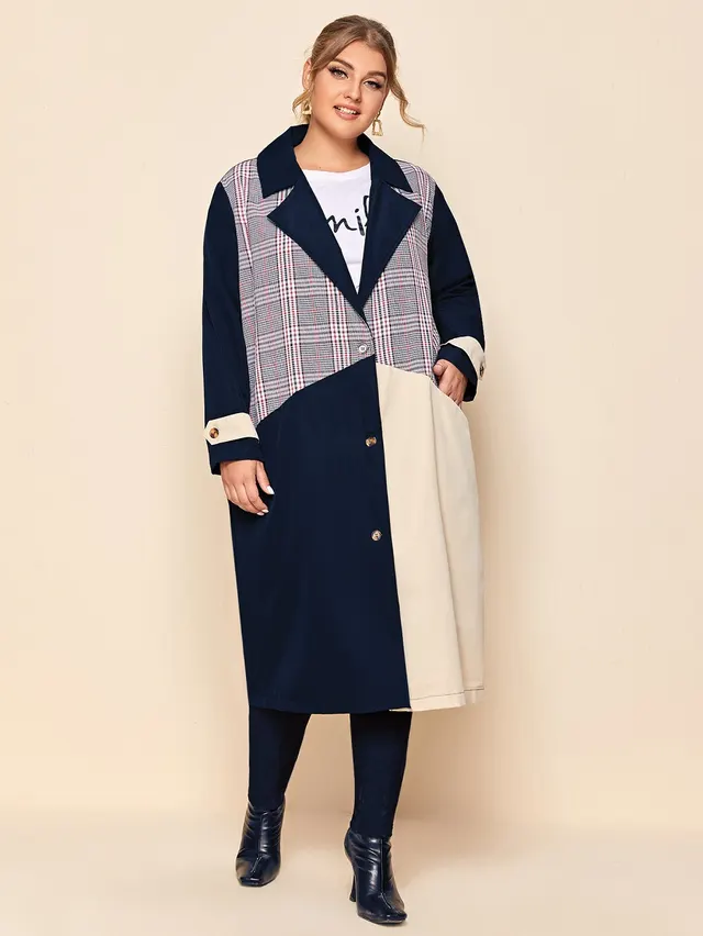 Stitching contrast color mid length coat Navy Blue - Shop at LoveMi
