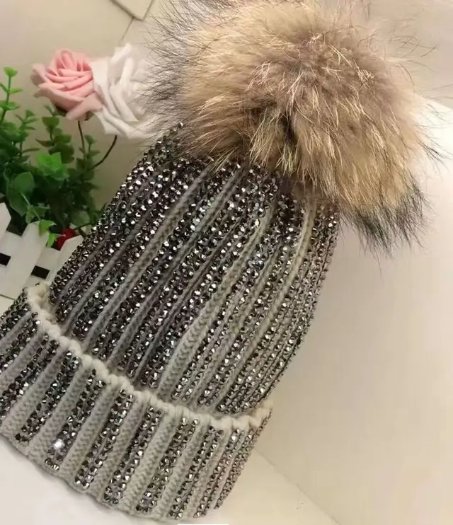 Autumn And Winter Real Raccoon Oversized Fox Fur Ball Wool Hat Light Grey - Shop at LoveMi