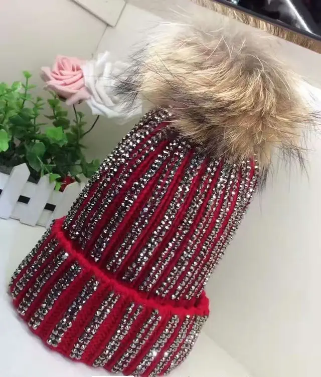 Autumn And Winter Real Raccoon Oversized Fox Fur Ball Wool Hat Red - Shop at LoveMi