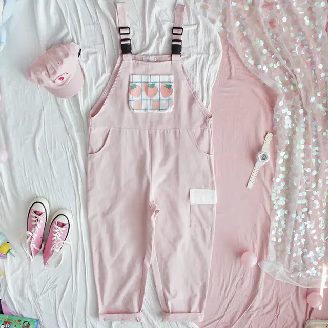 Girly Japanese small cream strawberry high waist jumpsuit Pink - Shop at LoveMi